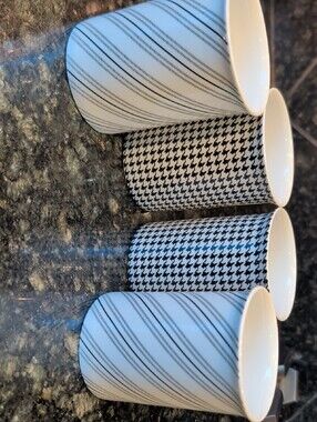 Art Deco Fine Bone China Black & White Stripe Coffee Mugs - Set of 4